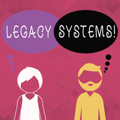 Word writing text Legacy Systems. Business photo showcasing old method technology computer system or application program Bearded Man and Woman Faceless Profile with Blank Colorful Thought Bubble