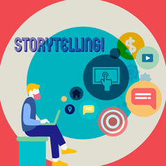 Word writing text Storytelling. Business photo showcasing activity writing stories for publishing them to public Man Sitting Down with Laptop on his Lap and SEO Driver Icons on Blank Space