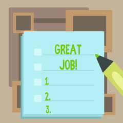 Fototapeta premium Handwriting text Great Job. Conceptual photo used praising someone for something they have done well Blank Colorful To Do Check List Planner Sheets with Tick Box and Marker Pen