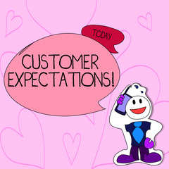 Text sign showing Customer Expectations. Business photo text Perceivedvalue clients seek from the buying of a good Smiley Face Man in Necktie Holding Smartphone to his Head in Sticker Style