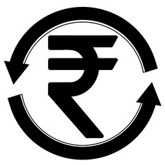 Indian Rupee icon in round circle broken with arrows to denote money circulation or distribution.