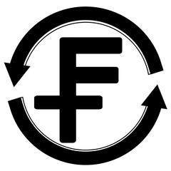 Swiss Franc icon in round circle broken with arrows to denote money circulation or distribution.