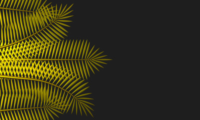 Horizontal banner with golden tropical leaves on a dark background. 3d rendering