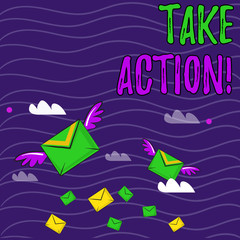 Text sign showing Take Action. Business photo showcasing do something official or concerted to achieve aim with problem Many Colorful Airmail Flying Letter Envelopes and Two of Them with Wings