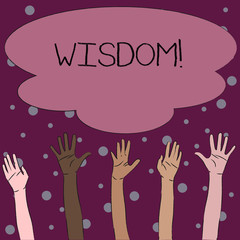 Fototapeta premium Word writing text Wisdom. Business photo showcasing quality having experience knowledge and good judgement something Multiracial Diversity Hands Raising Upward Reaching for Colorful Big Cloud