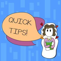 Handwriting text writing Quick Tips. Conceptual photo small but particularly useful piece of practical advice Girl Holding Book with Small Hearts Around her and Two Color Speech Bubble