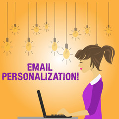 Writing note showing Email Personalization. Business concept for allows to insert demonstratingal data into the email template photo of Young Busy Woman Sitting Side View and Working on her Laptop