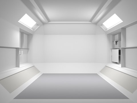 Abstract Futuristic light room interior design. 3D Rendering. Future concept