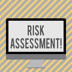 Conceptual hand writing showing Risk Assessment. Concept meaning evaluating potential risks involved projected activity White Computer Monitor WideScreen on a Stand for Technology