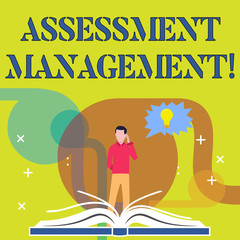 Conceptual hand writing showing Assessment Management. Concept meaning analysisagement of investments on behalf of others Man Standing Behind Open Book Jagged Speech Bubble with Bulb