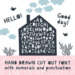 Hand drawn cut out font with numerals and punctuation. Vector illustration.