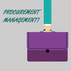 Conceptual hand writing showing Procurement Management. Concept meaning obtaining products and services from external firm Businessman Carrying Colorful Briefcase Portfolio Applique