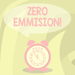 Word writing text Zero Emission. Business photo showcasing vehicle engine motor does not produce any dangerous gases Round Blank Speech Balloon in Pastel Shade and Colorful Analog Alarm Clock