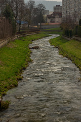 Svatava river in Kraslice town in Krusne mountains in spring day