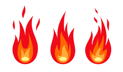 Fire flame set isolated on the white background. Different shapes flat style. Vector illustration.