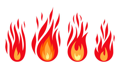 Fire flame set isolated on the white background. Different shapes flat style. Vector illustration.