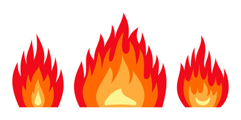 Fire flame set isolated on the white background. Different shapes flat style. Vector illustration.