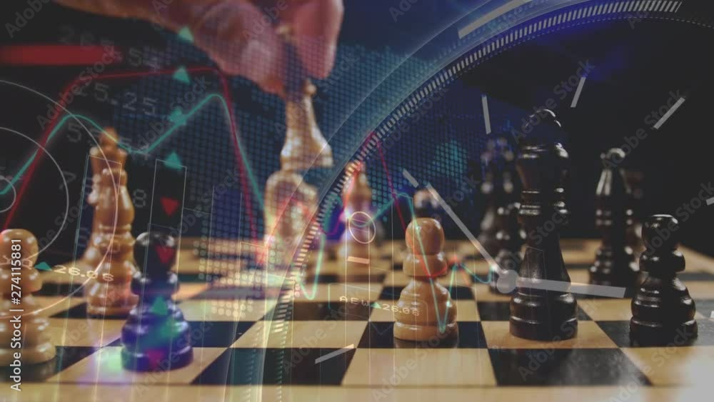 Poster man playing chess and graphs