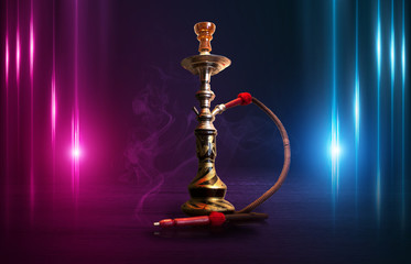 Hookah, smoke on a dark abstract background. Background of empty scenes with multicolored neon lights, reflection of night lights on wet pavement