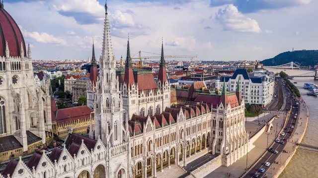 Budapest, Hungary - 4K aerial time-lapse (hyperlapse) footage of the Hungarian Parliament building at daytime