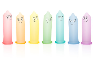 Condoms, colorful erected set with funny comic faces. Isolated vector illustration on white background.