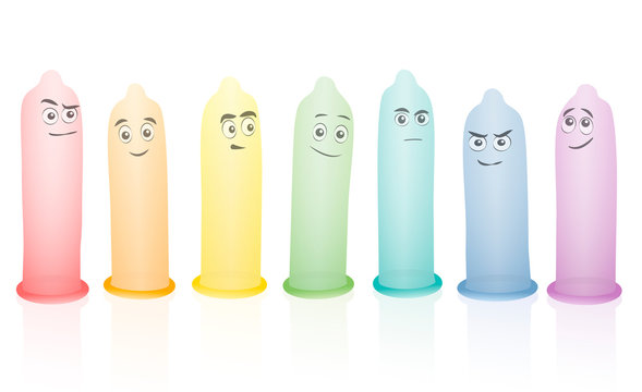 Condoms, colorful erected set with funny comic faces. Isolated vector illustration on white background.