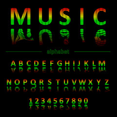 Alphabet in the form of an equalizer. Bright neon letters. Font for Musical Flyer, Night Party poster or Club Invitation.