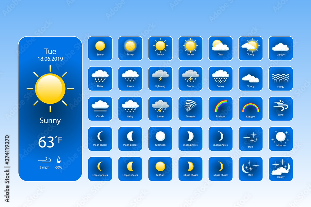 Wall mural set weather icons. all icons for weather with sample of use. for print, web or mobile app vector eps