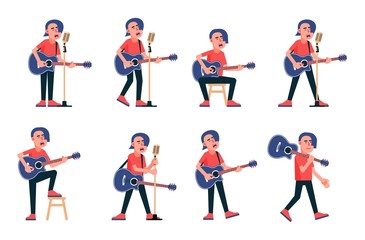 Fototapeta premium Singer with acoustic guitar in various poses. Vector flat character.