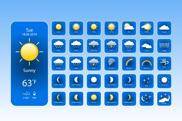 set weather icons. All icons for weather with sample of use. For Print, Web or Mobile App vector eps 10