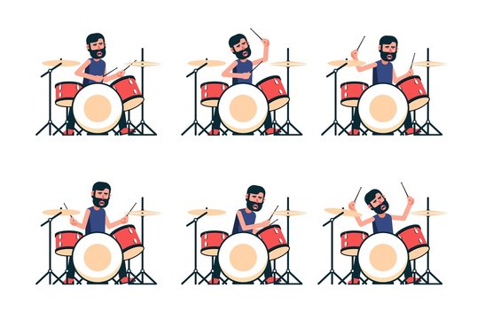 Drummer plays the drum set - different poses. Vector character.