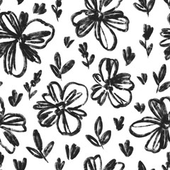 Hand drawn floral pattern. Seamless black and white ornament.