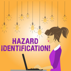 Writing note showing Hazard Identification. Business concept for process used to identify hazards in the workplace photo of Young Busy Woman Sitting Side View and Working on her Laptop