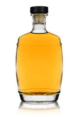 Unopened bottle of brandy with reflection on a white background