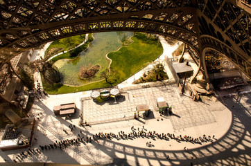 Long queue of tourists under Eiffel Tower