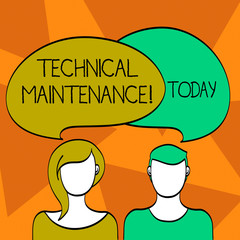 Word writing text Technical Maintenance. Business photo showcasing Functional checks or replacing of necessary devices Blank Faces of Male and Female with Colorful Blank Speech Bubble Overlaying
