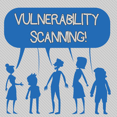 Text sign showing Vulnerability Scanning. Business photo showcasing Check of the potential points of exploit in system Silhouette Figure of People Talking and Sharing One Colorful Speech Bubble