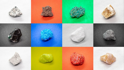 Set of different geological specimens of natural mineral on different colors backgrounds