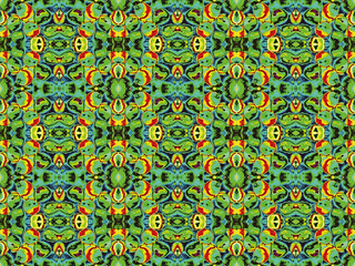 Seamless endless repeating bright ornament of multi-colored geometric shapes.