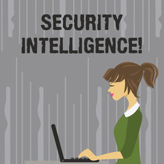 Handwriting text writing Security Intelligence. Conceptual photo protecting an organization from threats and risks photo of Young Busy Woman Sitting Side View and Working on her Laptop