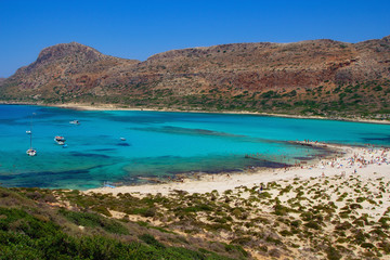 Beautiful view of Balos beach on Crete island, Greece. Crystal clear water and white sand. Travel background