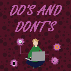 Text sign showing Do S And Dont S. Business photo showcasing Rules or customs concerning some activity or actions Woman Sitting Crossed Legs on Floor Browsing the Laptop with Technical Icons