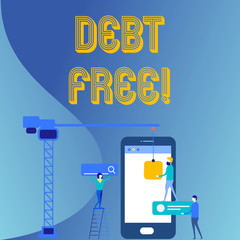 Handwriting text Debt Free. Conceptual photo does not owning any money or things to any individual or companies Staff Working Together for Common Target Goal with SEO Process Icons