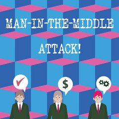 Writing note showing Man In The Middle Attack. Business concept for Communication between two users is monitored Businessmen has Speech Bubble with Optimization Cost Icons