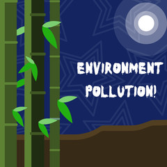 Text sign showing Environment Pollution. Business photo showcasing The contaminants into the natural environment Colorful Sets of Leafy Bamboo on Left Side and Moon or Sun with Round Beam