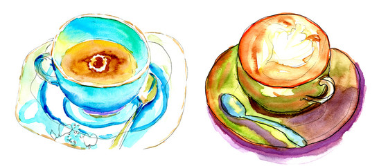 Two coffee mugs with saucers and spoons in a coffee shop. Watercolor set sketch illustration