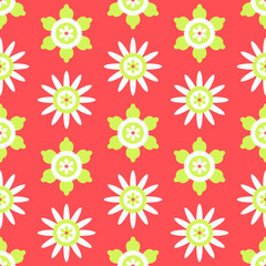 Yellow flowers on red background. Seamless pattern with cute floral print