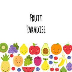 Cute Fruit Paradise background with various fruit characters