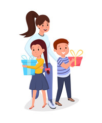Fototapeta premium Woman, children with presents flat illustration