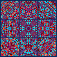 Digital pattern of ethnic Indian patchwork background. Seamless wallpaper. Native culture tradition pottery ornament. Mosaic color ceramic tile print pattern